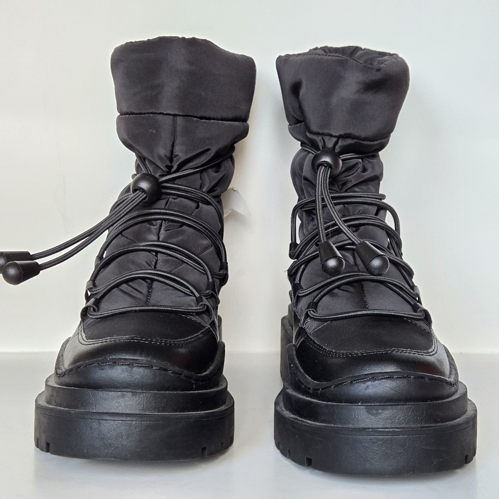 MNG by Mango women black leather canvas waterproof combat boots US 38 - Picture 2 of 7